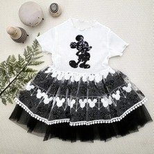 Herşey Trend Herşeytrend 1-2-3 Yaş Payetli Mickey Baskılı Brode Etekli Kız Bebek Elbisesi Siyah