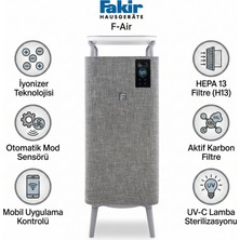 Fakir Gri Hava Temizleyici - Hepa 13 ve Aktif Karbon Filtre, Uv-C Lamba, Iyonizer, Wi-Fi Mobil Uygulama Kontrolü, Akıllı Hava Kalite Sensörü, Otomatik Mod, 4 Katmanlı Filtreleme ve Sessiz Çalışma