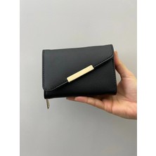 Shiny Ever Çapraz Kapaklı Siyah Deri Kadın Cüzdan Gold Detaylı