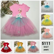 Herşey Trend Herşeytrend 5-6-7 Yaş Elsa Desenli Fiyonklu Tül Etekli Astarlı Kısa Kollu Kız Çocuk Tütü Elbise Sarı