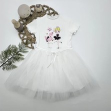 Herşey Trend Herşeytrend 5-6-7 Yaş Flamingo Balerin Kız Baskılı Kurdela Kuşaklı Astarlı Kız Çocuk Tütü Elbise Beyaz