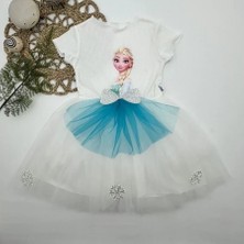 Herşey Trend Herşeytrend 5-6-7 Yaş Elsa Desenli Fiyonklu Tül Etekli Astarlı Kısa Kollu Kız Çocuk Tütü Elbise Beyaz