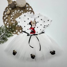 Herşey Trend Herşeytrend 2-3-4 Yaş Puantiyeli Mickey Baskılı Kurdela Kuşaklı Astarlı Kız Bebek Tütü Elbisesi Beyaz