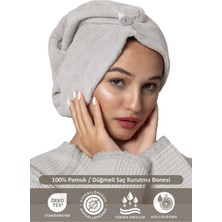 Ellia Soft Camellia %100 Pamuk Saç Kurutma Bonesi Lastikli ve Düğmeli Havlu Bone Gri