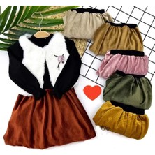 Herşey Trend Herşeytrend 2-3-4-5 Yaş Kadife Etekli Tüylü Yelek Uzun Kollu Siyah Sweat 3lü Kız Bebek Takımı Kahverengi