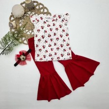 Herşey Trend Herşeytrend 1-2-3-4 Yaş Mickey Baskılı Bandanalı Tişört Ispanyol Paçalı Likralı 3lü Kız Çocuk Takımı Kırmızı