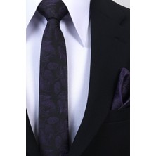 Esgue Hand Made 6 cm Slim Yaprak Desen Siyah Mor Renk Mendilli Ince Kravat