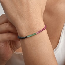 Nox Jewelry 14K Altın Kaplama Gümüş Doğal Multi Safir Fasetli Taşlı Renk Geçişli Gümüş Bileklik- BGS00110