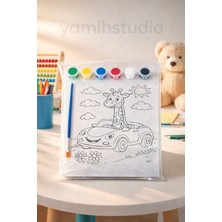 Yamih Studio Arabalı Zürafa Temalı Tuval Boyama Seti - 6 Renk Akrilik Boya + Fırça Hediyeli
