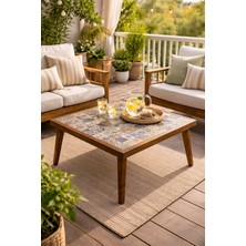 Maison Linden Masif Eskitme Ahşap Seramik Orta Sehpa 65X65 cm El Yapımı Dekoratif Salon Sehpası