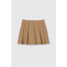 Panço Kız Çocuk Pileli Kadife Bej Şort Etek