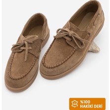 Marjin Kadın Loafer Ayakkabı Hakiki Deri Taba Süet Düz Taban Bağcıklı Model
