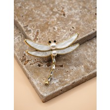 Stelle Jewelry Gold İncili Sedefli Yusufçuk Kadın Broş Ceket Ve Yaka İğnesi Premium Seri
