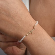 Nox Jewelry 14K Altın Kaplama Doğal Ay Taşı Fasetli Ismli Gümüş Bileklik - BGS00111
