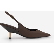 Marjin Kadın Stiletto Sivri Burun Arkası Açık Altın Metal Ökçe Klasik Topuklu Ayakkabı Rente Kahve Saten