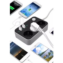 Gampus Portatif Tasarım Akım Korumalı 2 Metre 3 Lü Priz 6 USB Port Çoklu Şarj Aleti