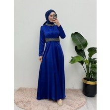 Moda Morfo Yakası ve Beli Taş Detaylı Saten Abiye -Saks