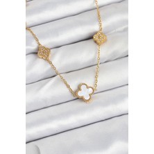 Lims Store 316L Çelik Zincir Gold Renk Beyaz ve Zirkon Taşlı Yonca Kadın Kolye