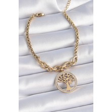 Lims Store 316L Çelik Gold Renk Zirkon Taşlı Yaşam Ağacı Figür Kadın Bileklik