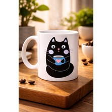 Lims Store Sevimli Siyah Kedi Baskılı Porselen Kupa Model 198 – Kahve Içen Kedi Tasarımlı Kupa Bardak – Kahve Severlere Eğlenceli Hediye Kupa