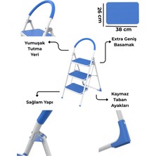 Asil 3 Basamaklı Metal Katlanır Mavi Merdiven | Kaymaz Geniş Basamaklı, Tutma Kollu, 150 kg Ev Tipi