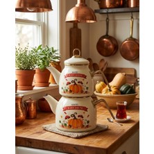 Emaye Burada Lüks Emaye Çaydanlık Takımı - Gold Detaylı Beyaz Nostaljik Tasarım - Indüksiyon Uyumlu Büyük Boy