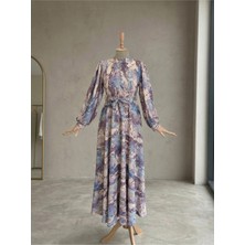 Morvarid Desenli Tessetür Elbise Rahat Kumaş Astarlı