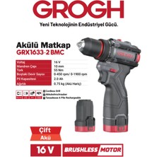Grogh Akülü Şarjlı Matkap 16V 2AH Delme Vidalama Matkap(Brushless MOTOR)(GRX1634-2 Bmc)