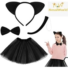 Najmaddin Mey Ithalat® Kedi Eteği Tacı Kuyruğu ve Papyon Seti Siyah Renk Çocuk Boy