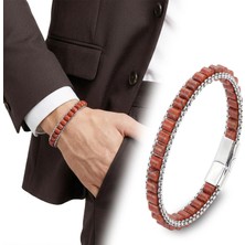 Moncuk Design  Kırmızı Jasper Doğal Taşlı Hasır Örgü Zincirli Erkek Çelik Bileklik 33512B28D18