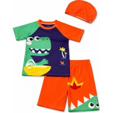 Nur Bebe Kids Dinazor Baskılı Şortlu Boneli Erkek Çocuk 3'lü Mayo Set