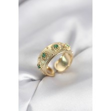 Luxdanet Yeşil Zirkon Taşlı Gold Renk Vintage Kadın Yüzük