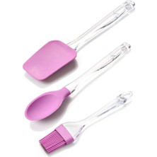 3 Lü Plastik Saplı Silikon Kaşık - Spatula - Fırça Seti Lila