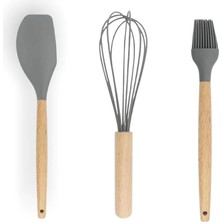 Ahşap Saplı Silikon Fırça Spatula Çırpıcı 3'lü Set