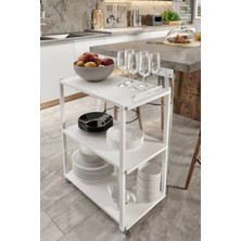 Beyaz Modern Dekoratif Mdf Ahşap Servis Sunum Arabası 3 Raflı Servant