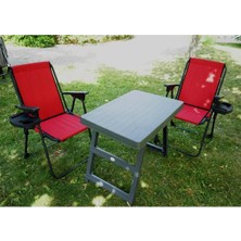 3'lü Set, Bardaklıklı Katlanır Kamp Sandalyesi 2 Adet + Katlanır Kamp Masası, Kamp Masası Seti