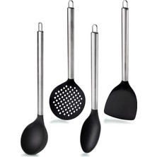 4 Lü Çelik Saplı Kepçe Kevgir Spatula Kaşık Servis Seti