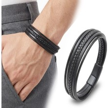 Moncuk Design Siyah Tüp Örgü ve Çoklu Deri Bileklik - Zamak Kilit 33513B2D2Z