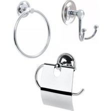 Banyo Seti Bornozluk Askı + Yuvarlak Havluluk + Metal Geniş Kapaklı Tuvalet Kağıtlığı Paslanmaz