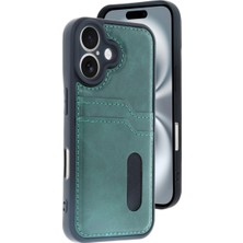 Eco Port Apple Iphone 16 Kılıf Sara Kartvizitli Deri Kılıf - Koyu Yeşil