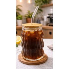 Kitchen Line Linea Wave Bambu Kapaklı Cam Pipetli Bardak 450 ml – Dalga Desenli