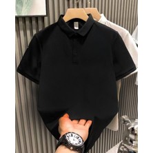 Asmedo Erkek Polo Yaka Tişört Düğmeli Pike Düz T-Shirt - Siyah