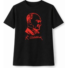 Asmedo Kız Çocuk Atatürk Baskılı Tişört Kısa Kollu Bisiklet Yaka T-Shirt - Siyah