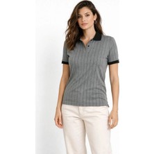Asmedo Kadın Polo Yaka Çizgili Tişört Kısa Kol Düğmeli Yazlık T-Shirt - Gri