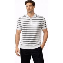 Asmedo Erkek Triko Polo Yaka Fermuarlı Çizgili Tişört T-Shirt Yazlık Şık - Beyaz