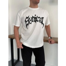 Asmedo Erkek Kısa Kol Yazlık Tişört Bisiklet Yaka Baskılı Oversize T-Shirt - Beyaz