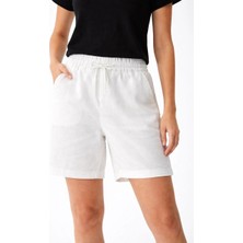 Asmedo Kadın Keten Kumaş Cepli Rahat Kesim Bel Lastikli Şort - Beyaz