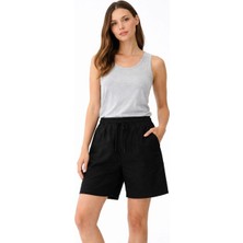 Asmedo Kadın Keten Kumaş Cepli Rahat Kesim Bel Lastikli Şort - Siyah