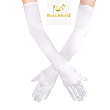 Najmaddin Mey Ithalat® Beyaz Renk Dirseğe Kadar Uzun Kumaş Eldiven 40 cm