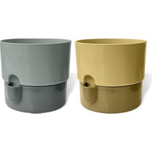 Pearl Shop Dora Saksı Tabaklı Çiçek Kaktüs Saksısı Parlak Plastik Saksı (2 Adet, Gri&krem, 2l, 16CM)